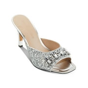 KARL LAGERFELD PARIS Womens Silver Glitter Gem Embellished Padded Metallic Belita Square Toe Stiletto Slip On Dress Heeled Sandal 9.5 M