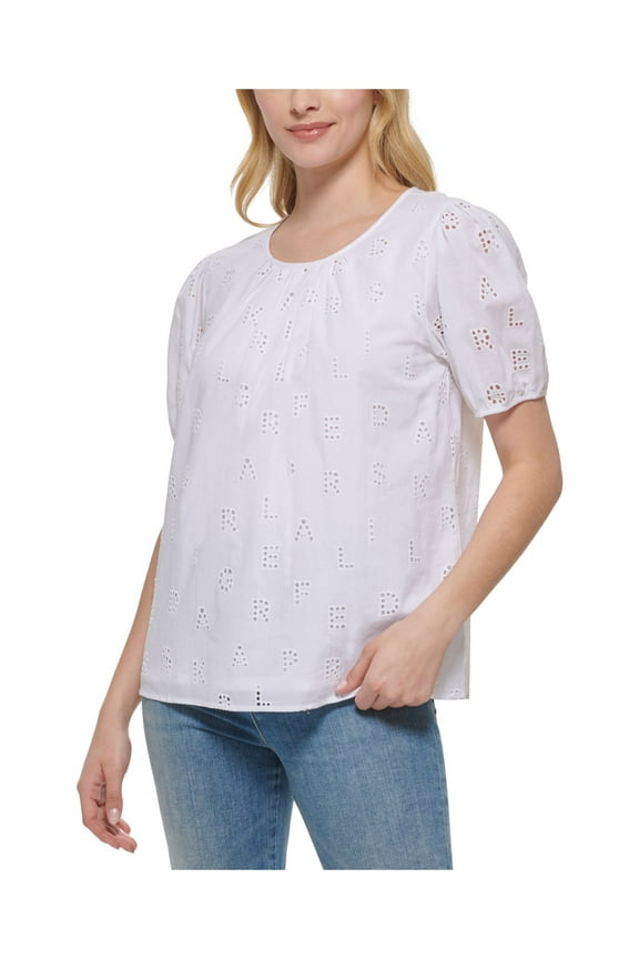 Womens White Lined Short Sleeve Crew Neck Blouse S