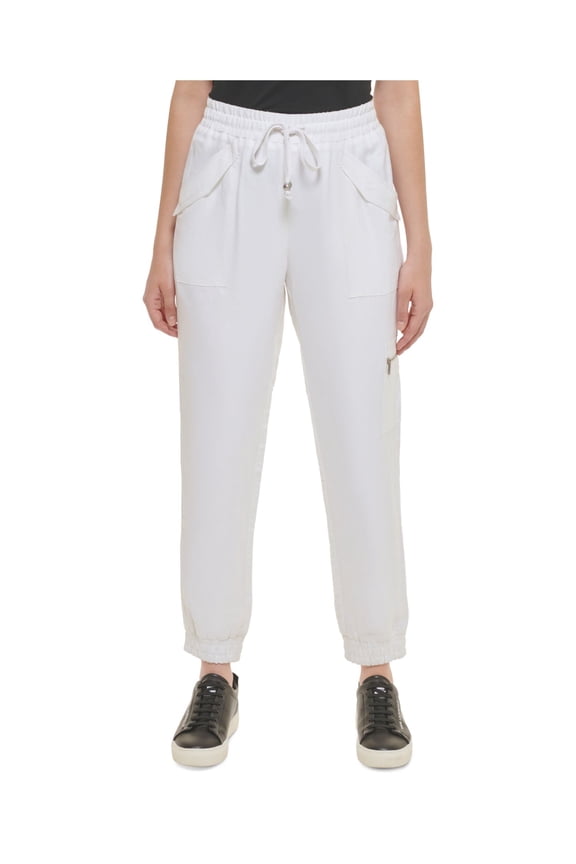 Womens White Pocketed Drawstring Waist Jogger Cuffed Pants XL