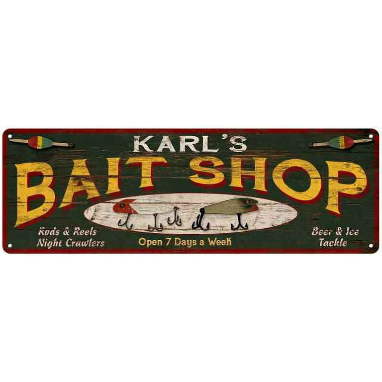 KARL'S Bait Shop Sign Wood Look Man Cave Den Gift 6x18 Metal