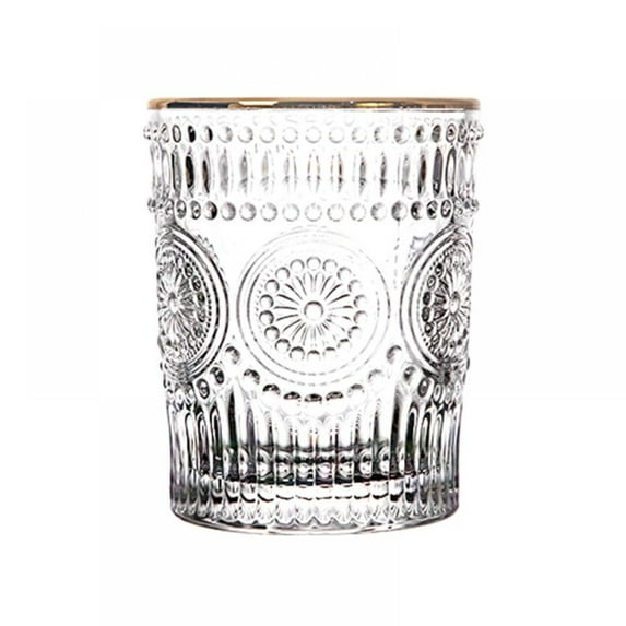 KARLSITEK Embossed Drinking Glass Gold Rim Water Glass Baroque Clear Crystal Unleaded Wine Milk Juice Coffee Glass ,Makeup Brush/Pen/Pencil/Toothbrush Holder