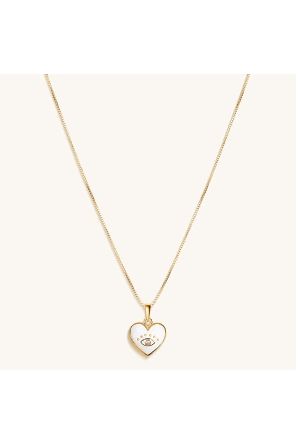Evil Eye Heart Necklace with Diamond & White Enamel Pendant, 18K Gold Plated Chain, perfect Jewelry for Women, Good Luck Gift Gold Chain.