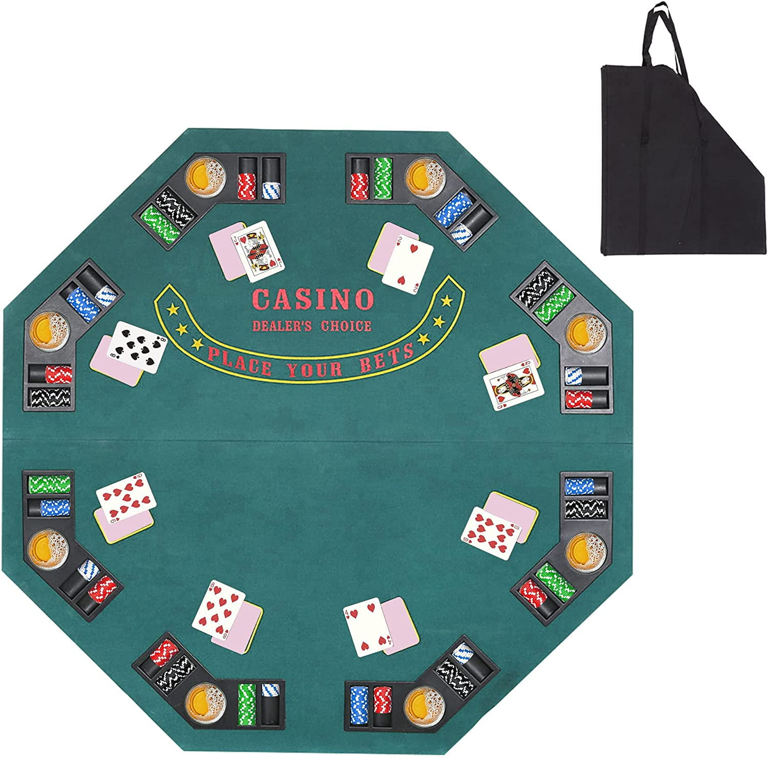 Karmas Product 47 Poker Table Top - Folding 8 Players Octagon Felt Topper Casino Blackjack Texas Holdem Game Table Layout with Drink Holders and Poker Chip Tray, Green