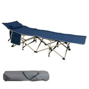 KARMAS PRODUCT Comfortable Camping Cot with Side Storage Bag Foldable Camp Cot Folding Sleeping Bed Cots for Adults with Carry Bag and Pillow,Blue