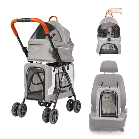 KARMAS PRODUCT Double Pet Stroller for 2 Dogs Cats Folding Portable Carrier Cage Detachable 3 in 1 Pet Stroller Dual Entry, Gray