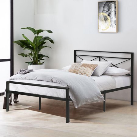 KARMAS PRODUCT Full Size Bed Frame with Headboard, Heavy Duty Metal Slat and Anti-Slip Support, Easy Quick Assembly, No Box Spring Needed, Black