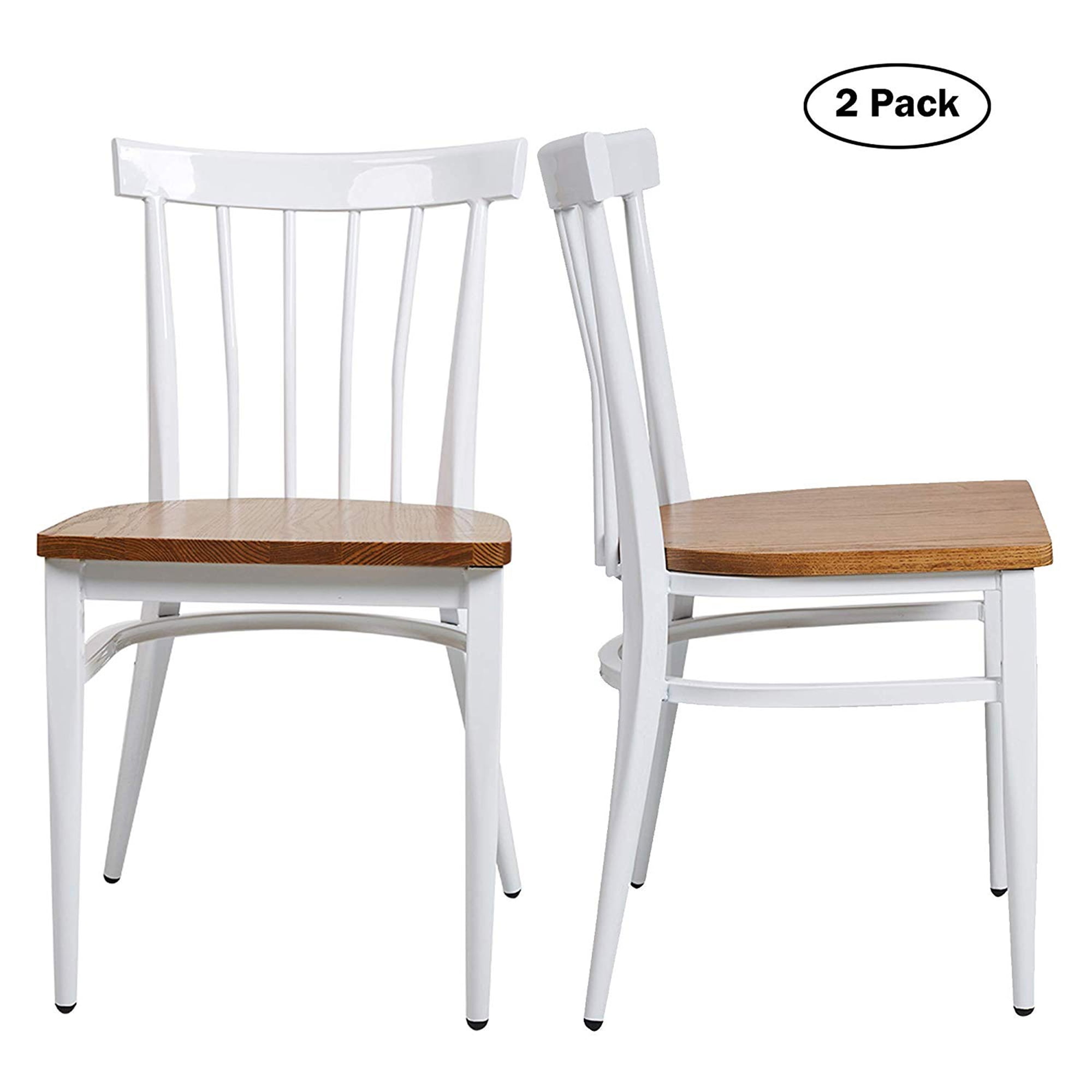 White Metal Comb Back Dining Side Chairs with Wood Seat, Set of 2
