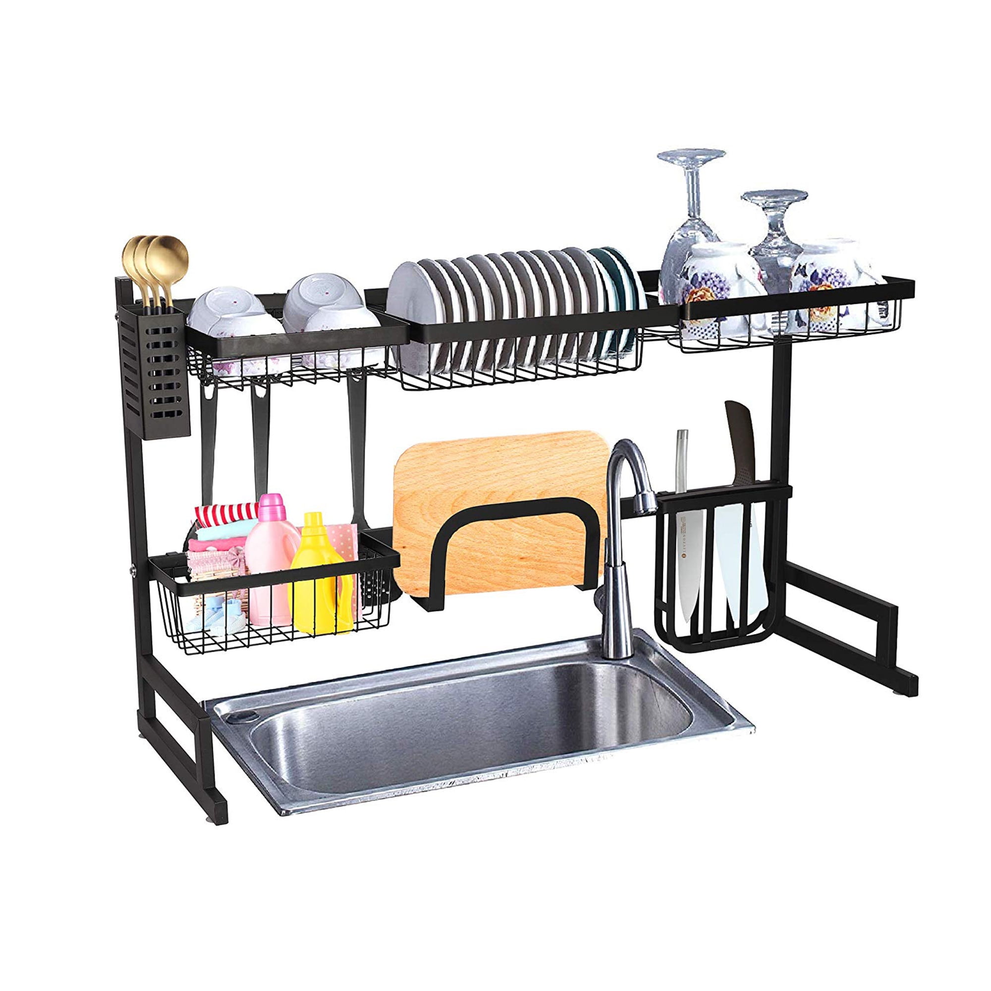 Black Stainless Steel Over Sink Dish Drying Rack with Utensil Holders
