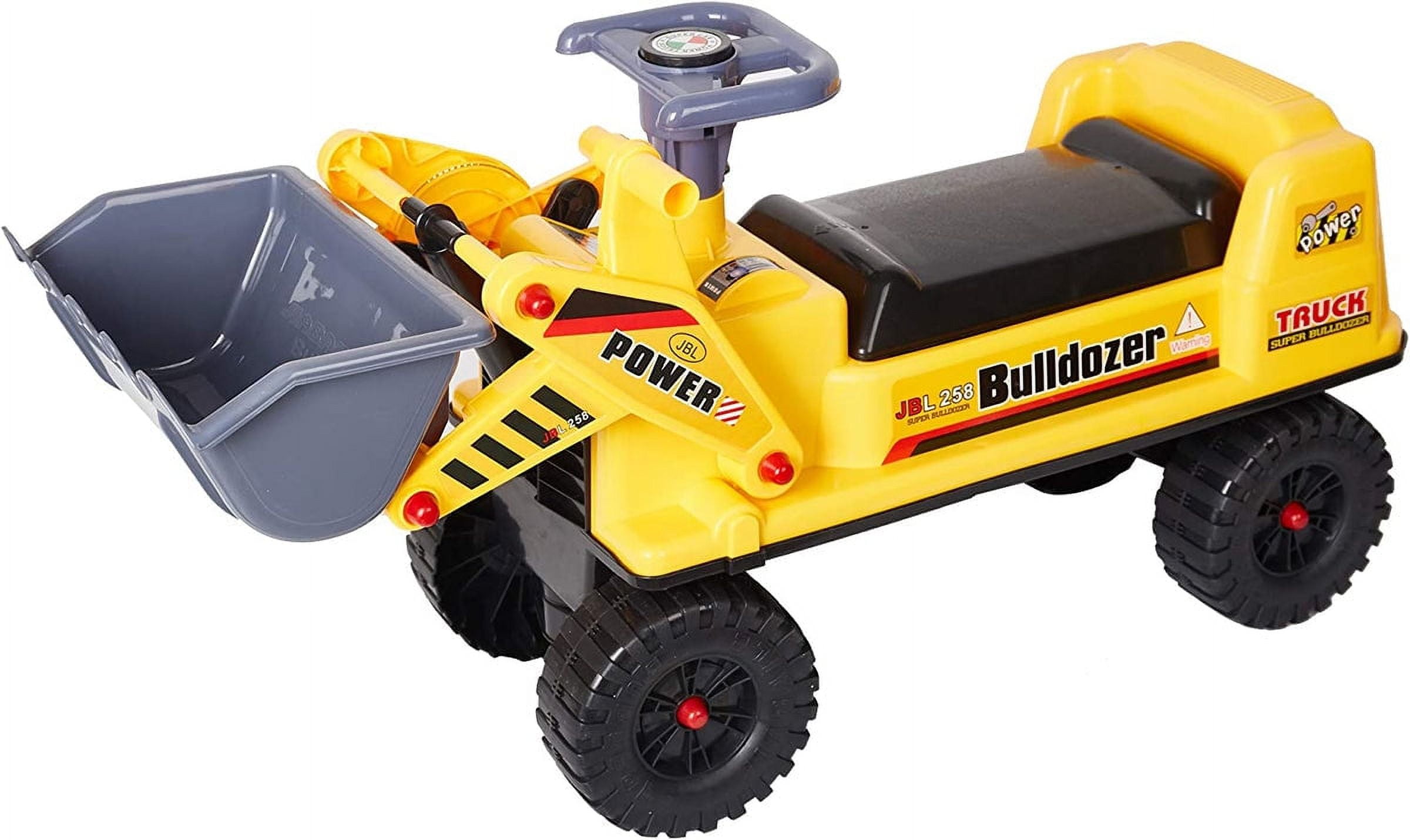 Yellow Plastic Ride-On Bulldozer with Storage and Digging Bucket