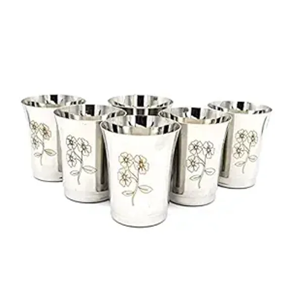 KARMBHUMI Tableware Metals Stainless Steel Water Juice Glasses Set, 350 ml, Silver (6)