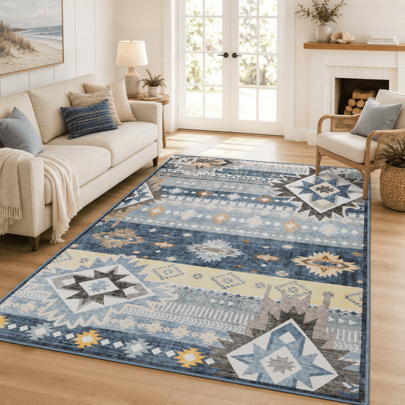 KAROSA Blue Gray Washable Area Rug, Southwestern Low Pile Non-Slip Rug for Living Room,6'x9'