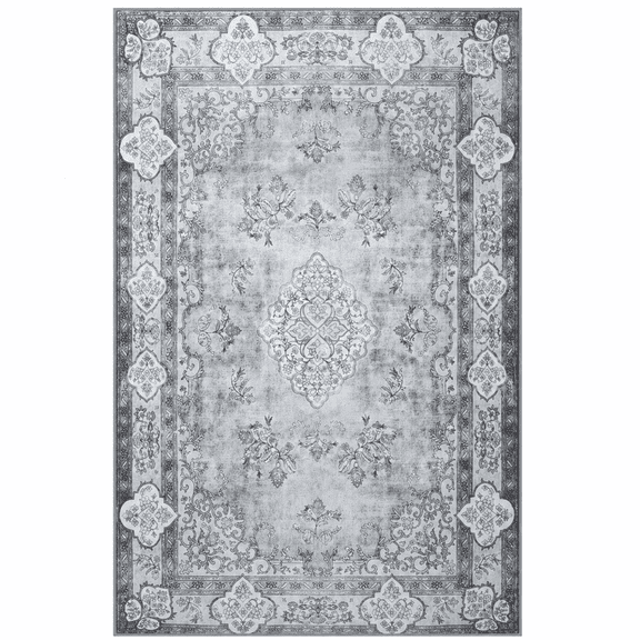 Licolica Gray Vintage Floral Washable Area Rug, Low Pile Non Slip Rug for Living Room,6'x9'