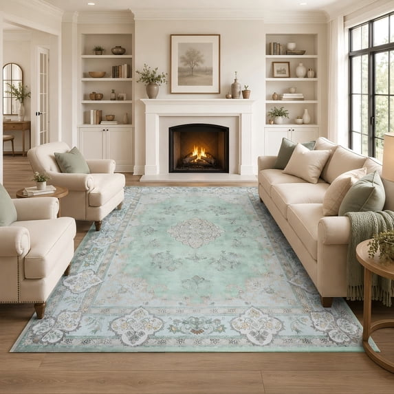 KAROSA Green Vintage Machina Washable Area Rug, Soft Low Pile Rug with Non-Slip TPR Backing,4'x6'