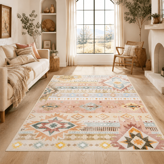 KAROSA Orange Beige Washable Area Rug, Southwestern Low Pile Non-Slip Rug for Living Room,5'x8'