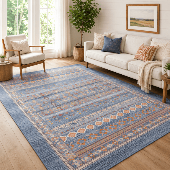 KAROSA Vintage Washable Area Rug, Blue Distressed Low Pile Non-Slip Rug for Living Room Bedroom,4'x6'