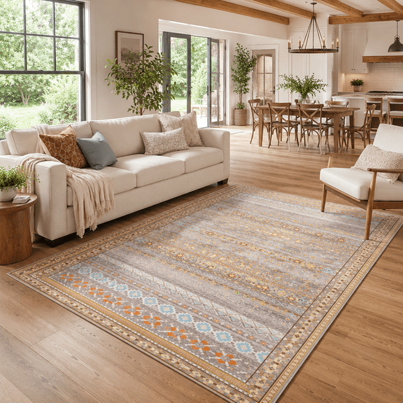 KAROSA Vintage Washable Area Rug, Gray Orange Distressed Low Pile Non-Slip Rug for Living Room,4'x6'