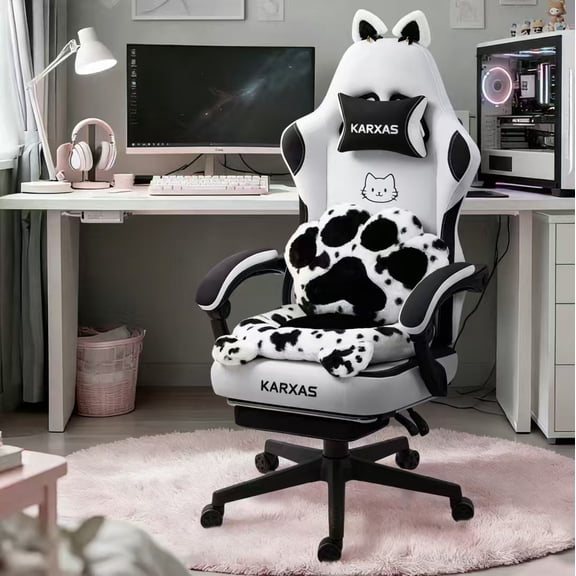 KARXAS Cute Cat Ear Gaming Chair with Paw Print Lumbar Support and Cushion, Ergonomic Computer Desk Chair with Footrest, Reclining PC Game Chair for Girls and Women, 300lbs, Black and White