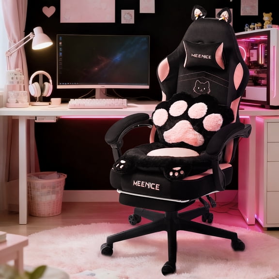 KARXAS Adult Cute Cat Ear Paw Print Reclining Fabric PC Gaming Chair with Footrest and Lumbar Support, Black and White