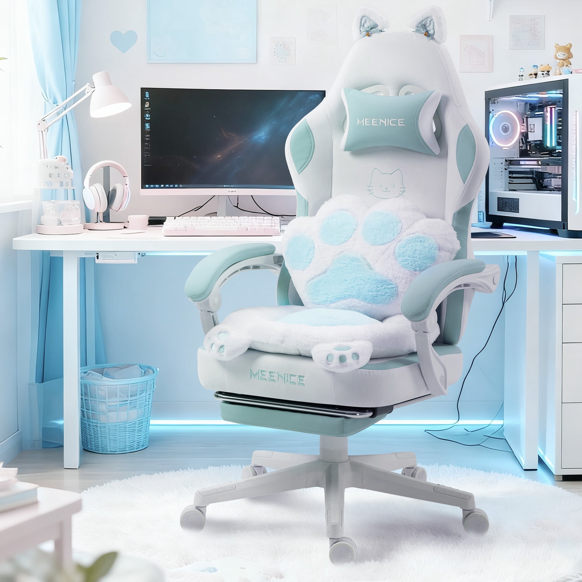 KARXAS Adult Cute Cat Ear Paw Print Reclining Fabric PC Gaming Chair with Footrest and Lumbar Support, Blue/White