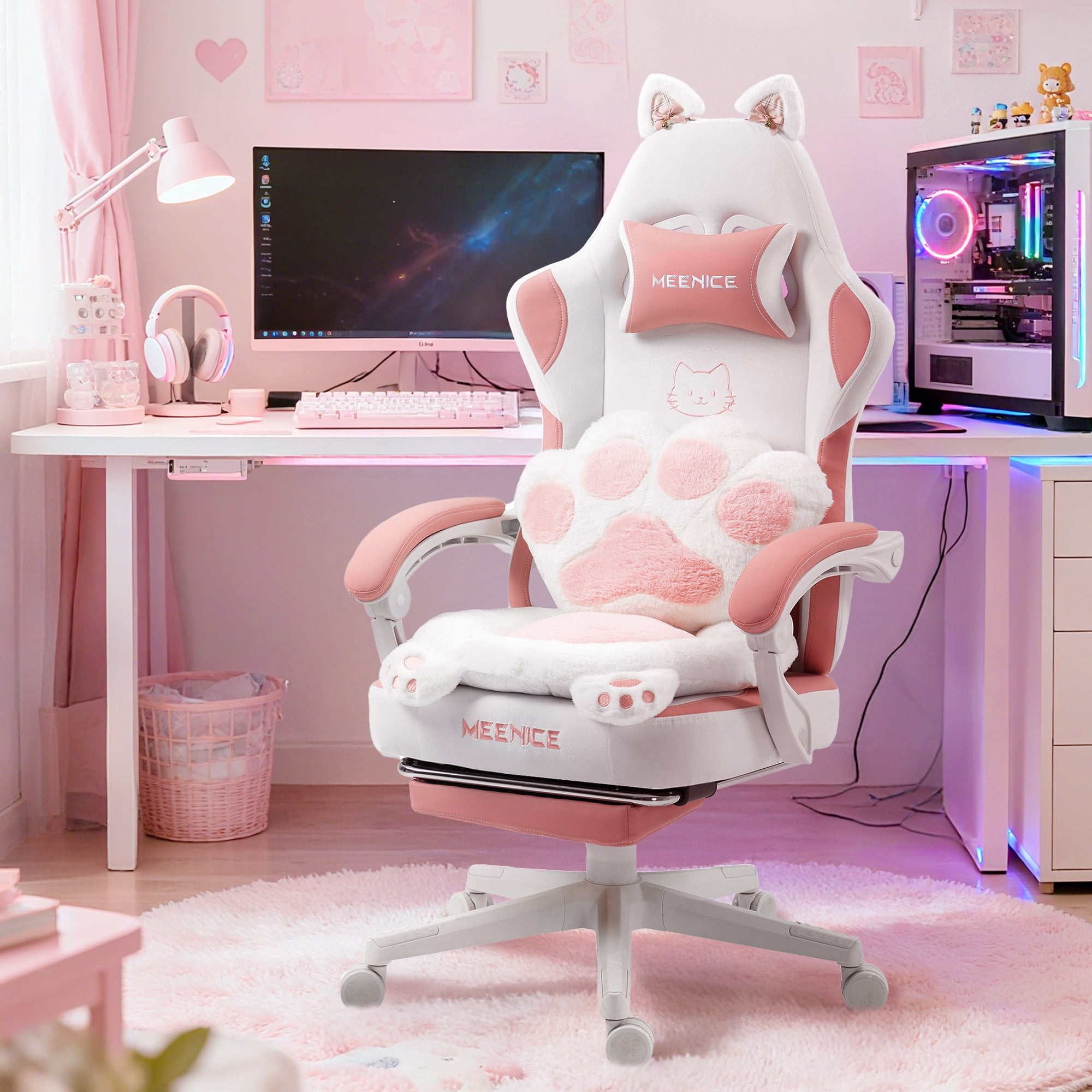 KARXAS Adult Cute Cat Ear Paw Print Reclining Fabric PC Gaming Chair with Footrest and Lumbar Support, Pink/White