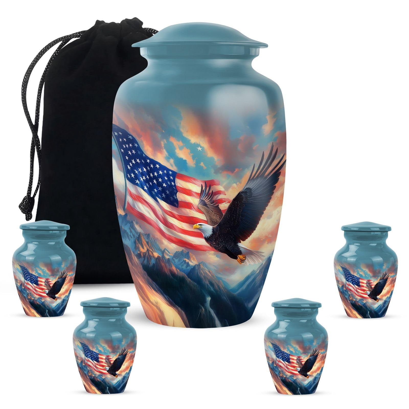 KARYLIZ American Flag Eagle Urns for Ashes – Combo of 5 with 10 Inch Large Memorial Cremation Urn for Adult Women & Men and 3 Inch Small Keepsake Burial Urns for Human Ashes – Patriotic Funeral Set