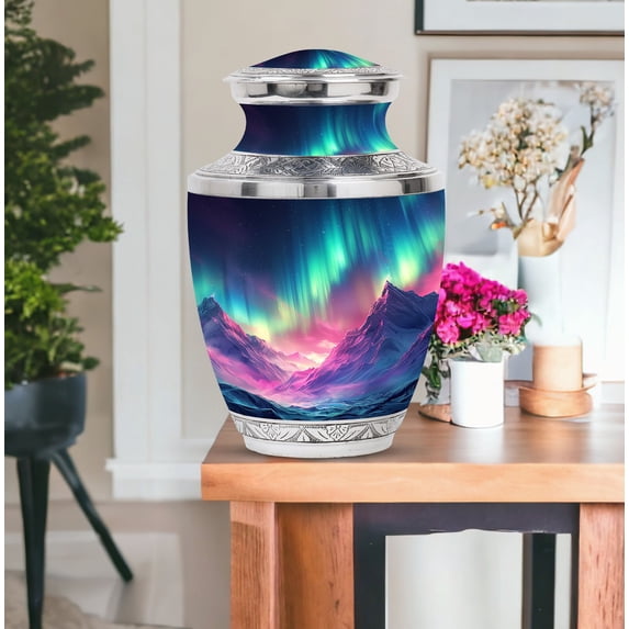 KARYLIZ Aurora Borealis Keepsake Urns For Human Ashes - Cremation Urn For Human Ashes Adult Male - Funeral Ashes Holder - Decorative Memorial Urns - Urn For Ashes For Women 1 Large Urn & 1 Small Urn