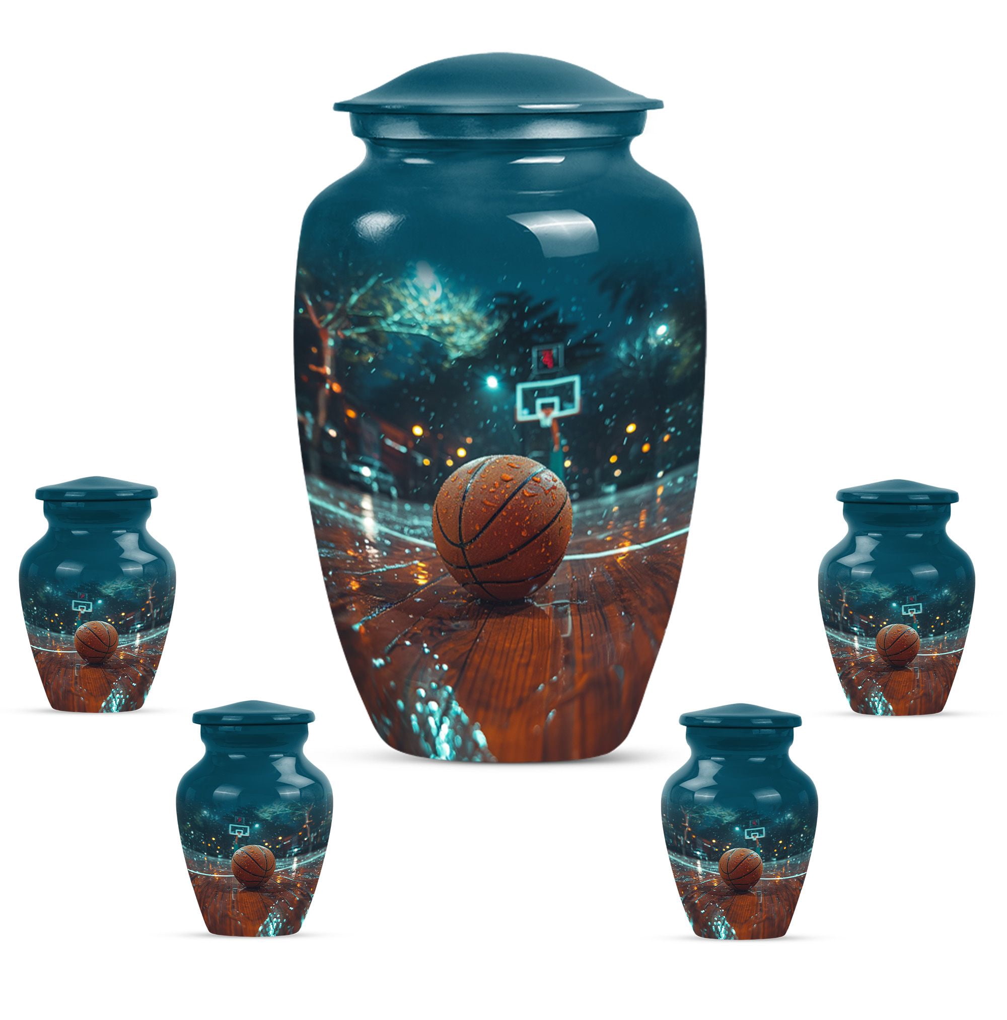 KARYLIZ Basketball Burial Urns for Adult Human Ashes - Blue Set of 5 - 10" Large and 4 Mini Keepsake Memorial - Mini Funnel - Large Urns for Ashes Adult Female - Urn For Male - Memorial Keepsake