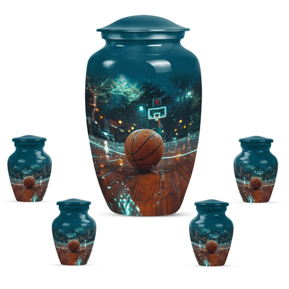 KARYLIZ Basketball Burial Urns for Adult Human Ashes - Blue Set of 5 - 10" Large and 4 Mini Keepsake Memorial - Mini Funnel - Large Urns for Ashes Adult Female - Urn For Male - Memorial Keepsake