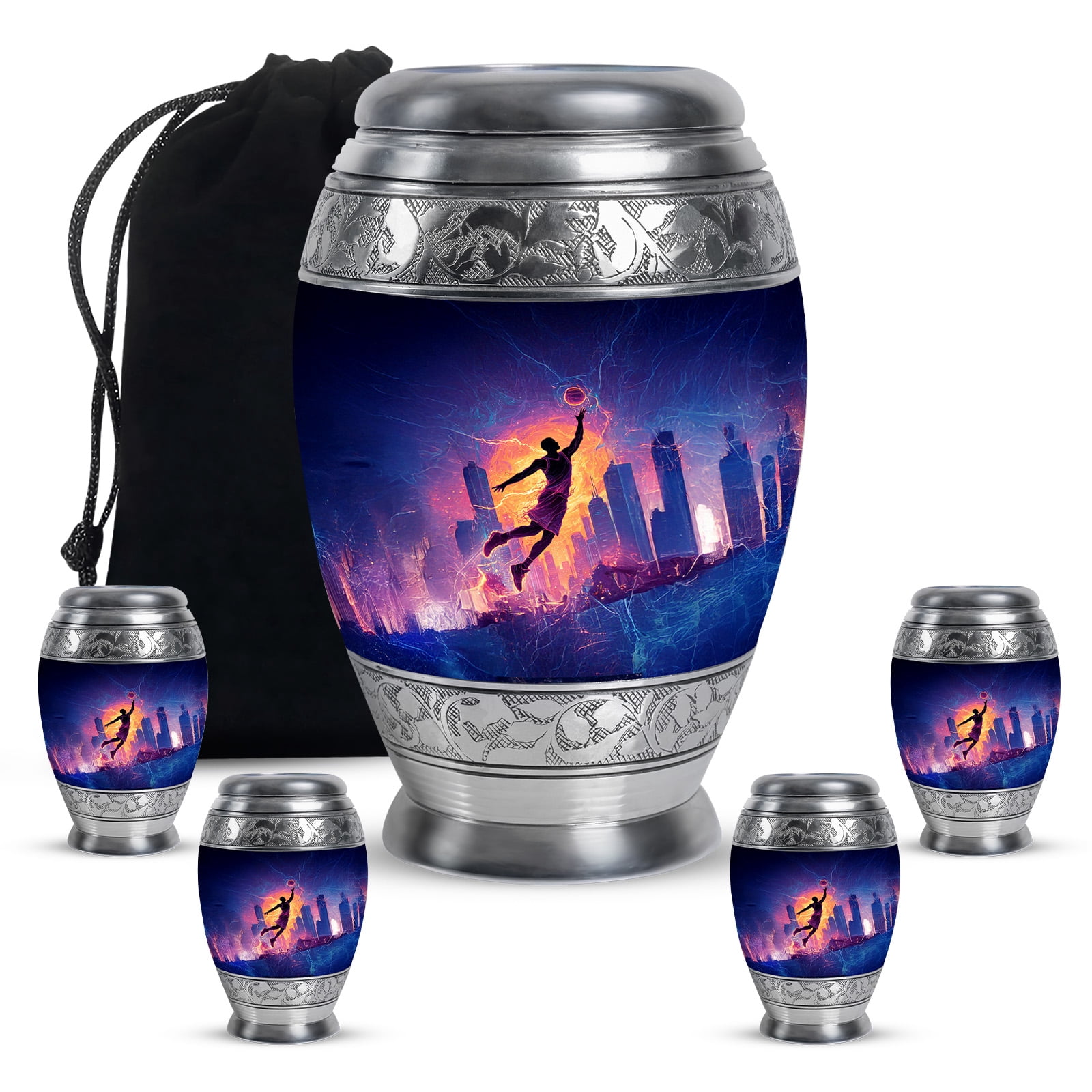 KARYLIZ Basketball Cremation Urns for Men - Black 10" Large Funeral Urn with 4 Mini Keepsake - Decorative Memorial Tribute - Mini Urns for Human Ashes Adult Female Mom - Burial Urn For Women