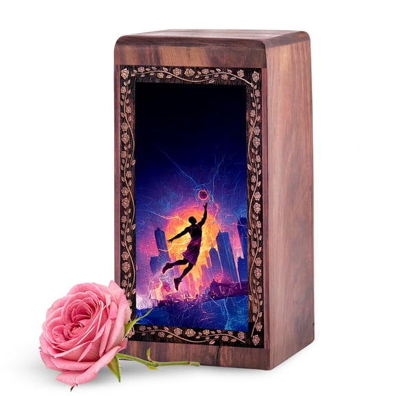 KARYLIZ Basketball Cremation Wooden Urn - Keepsake Wood Cremation Urns Adult - Mini Blue Urns for Human Ashes Adult Male - Engraved Wooden Memory Box - Urn for Burial - 5 Inch