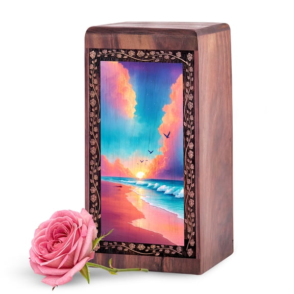 KARYLIZ Beach Wooden Urn for Adults - Small Cremation Urns for Human Ashes - Wooden Urns for Dad - Sunset Memorial Urn for Ashes for Women - 5 Inch Sympathy Gift for Loss