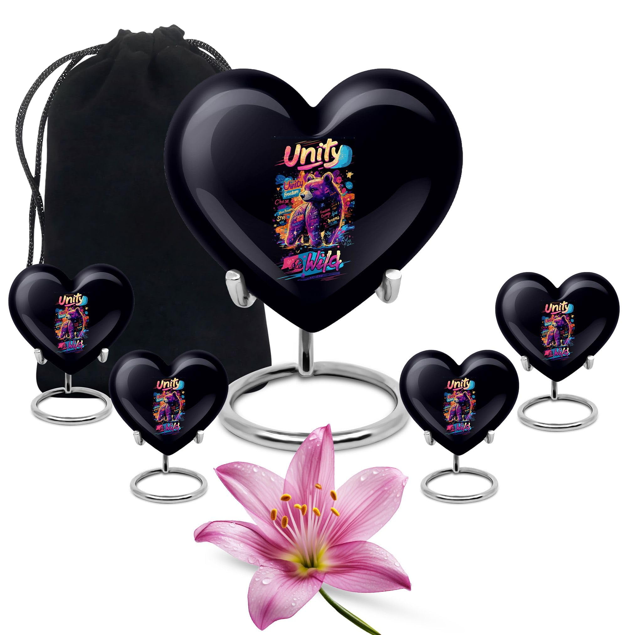 KARYLIZ Bear Heart Cremation Urn for Human Ashes – Combo of 5 with 8 Inch Large Capacity Burial Urn for Adult Female, Mom & Women and 3 Inch Purple Keepsake Urn for Dad, Men, Memorial Ash Holder Set