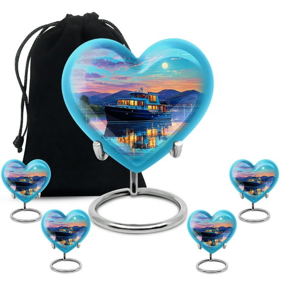 KARYLIZ Boat Heart Shaped Cremation Urn for Ashes Adult Male - Large Blue Urn For Dad - Memorial Urns For Human Ashes Adult - Large Funeral Urns For Women & Men - Combo 8 Inch & 3 Inch, Set of 5