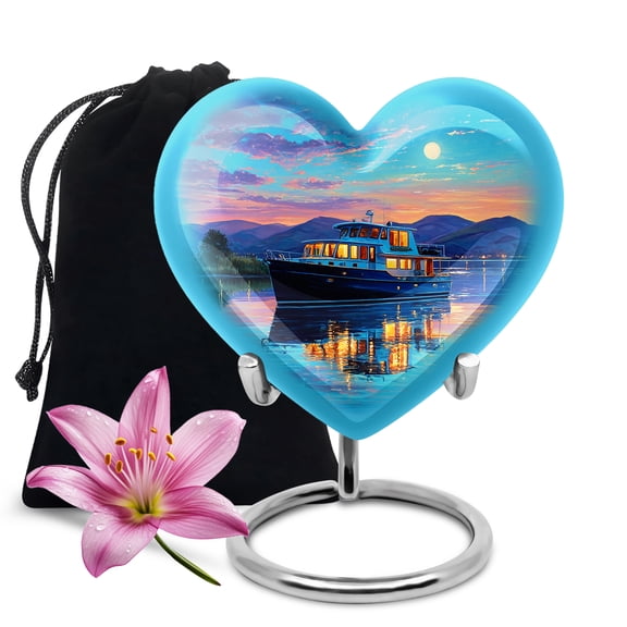 KARYLIZ Boat Heart Shaped Urn&nbsp;for Ashes Adult Male - Large Blue Urn For Dad - Memorial Urns For Human Ashes Adult - Large Cremation Urns For Women & Men - Funeral For Female Mom & Dad - 8 Inch