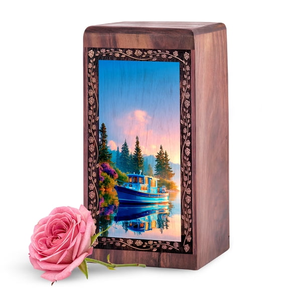 KARYLIZ Boat Urns for Adult Male - 11 Inch Large Adult Size Cremation Urns for Human Ashes - Urn for Ashes for Women - Yellow Urn for Mother & Father - Wooden Box