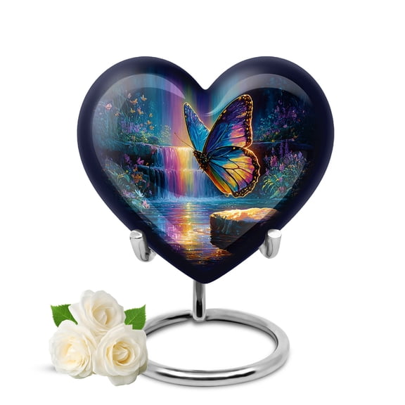 KARYLIZ Butterfly Urns for Ashes for Adult Female & Male - Rainbow Falls Small Funeral Urns, Burial Cremation Urns for Mom & Dad - Blue-Gold Mini Kepsake Human Memorial Urn for Women & Men - 3 Inch