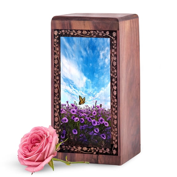 KARYLIZ Butterfly Wooden Urns for Human Ashes - Wooden Urn for Adult Man - Wood Urn for Ashes for Women with Engraving - Petunia Flower Urns for Home Decor - 5 Inch Small Keepsakes