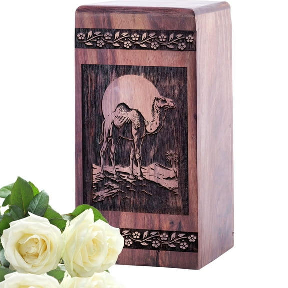KARYLIZ Camel In Desert Wooden Urn Box - Cremation Urn For Ashes For Women & Men - Funeral Urns For Human Ashes Adult Male - Memorial Ashes - Decorative Urns For Human Ashes - Keepsake Urns 5 Inch