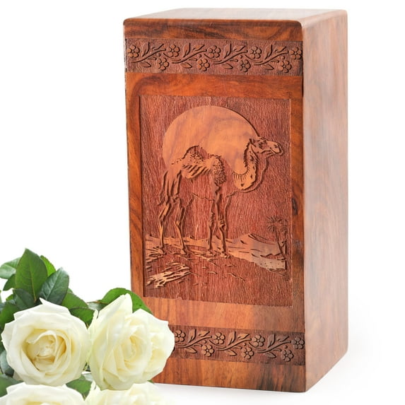 KARYLIZ Camel In Desert Wooden Urns For Human Ashes - Small Urn For Ashes Adult Female - Funeral Urns For Women - Cremation Urns For Men - Decorative Ashes Urn - Burial Urns 5 Inch