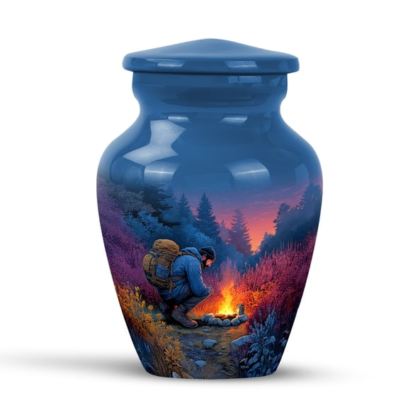 KARYLIZ Campfire in Forest Mini Cremation Keepsake Urn for Mom & Dad, Sky Blue Funeral Humans Remains Urns for Family, Ashes Keepsakes Urn for Family, Campfire Cremation Urns for Home, Ash Holder