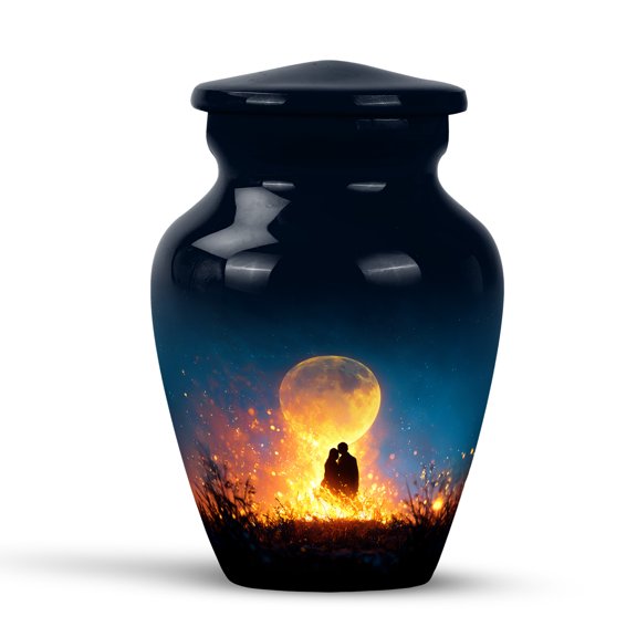 KARYLIZ Campfire Funeral Urn for Women & Men, Couple Under Moon Decorative Cremation Urns for Male and Female, Blue Keepsake Urn for Humans Ash, Memorial Gifts for Family, 3 Inch Mini Keepsakes Urns