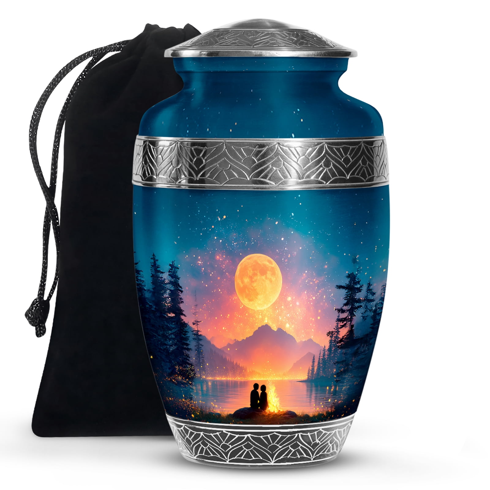 KARYLIZ Campfire Funeral Urns - Couple Under Moon Cremation Urn Human Ashes - Ocean Blue Memorial Urns For Female - Decorative Urns For Men - Large Urns For Human Ashes Adult Male (10inch)
