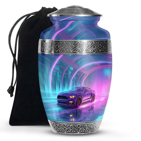 KARYLIZ Car Cremation Urns for Human Ashes Adult Male, Large Neon Lights Funeral Urns for Human Ashes Female, Memorial Urn For Women & Men, Decorative Funeral Urn Mom & Dad 10Inch