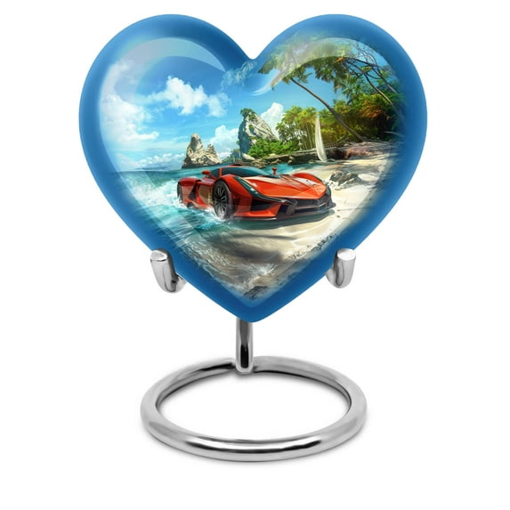 KARYLIZ Car Heart Urn - Cremation Keepsakes For Ashes - 3 Inch, Keepsake Red Sports Car on Beach Ocean Blue Urns For Adults Men - Urn For Ashes Adult Male - Funeral Urns For Adult Ashes Women