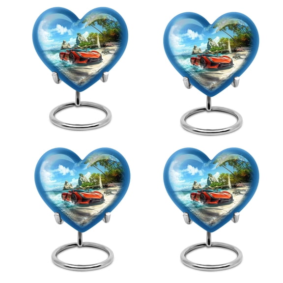 KARYLIZ Car Urn - Urn For Ashes Adult Male - 3 Inch, Pack of 4 Mini Keepsakes - Red Sports Car on Beach Ocean Blue Burial Urns For Adult Human Ashes - Keepsake Small Cremation Urns - Memorial Funeral