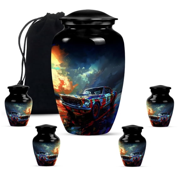 KARYLIZ Car Urns For&nbsp;Human Ashes Adult Man - Urns For Human Ashes - Set Of 5, 10 Inch & 3 Inch - Mini Urn for Human Ashes - Classic Speed Vibrant Rainbow Small Cremation Funeral for Human Ashes