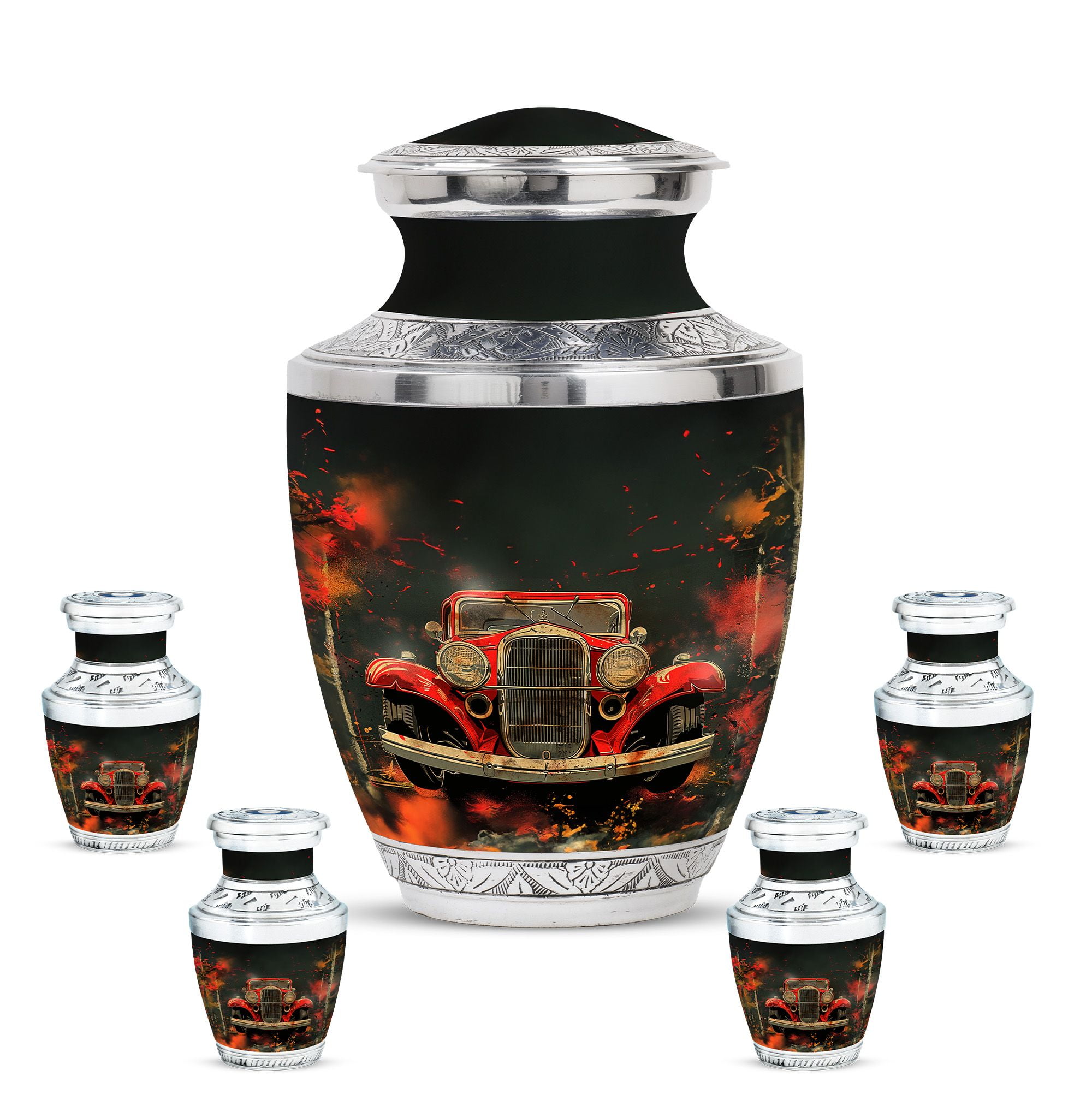 KARYLIZ Car Urns&nbsp;For Ashes - Funeral Urn For Ashes Adult Male - Cremation Urn For Human Ashes Female - Red Vintage Car In Colurful Field Of Flowers Decorative Set of 5-10 Inch, 3 Inch