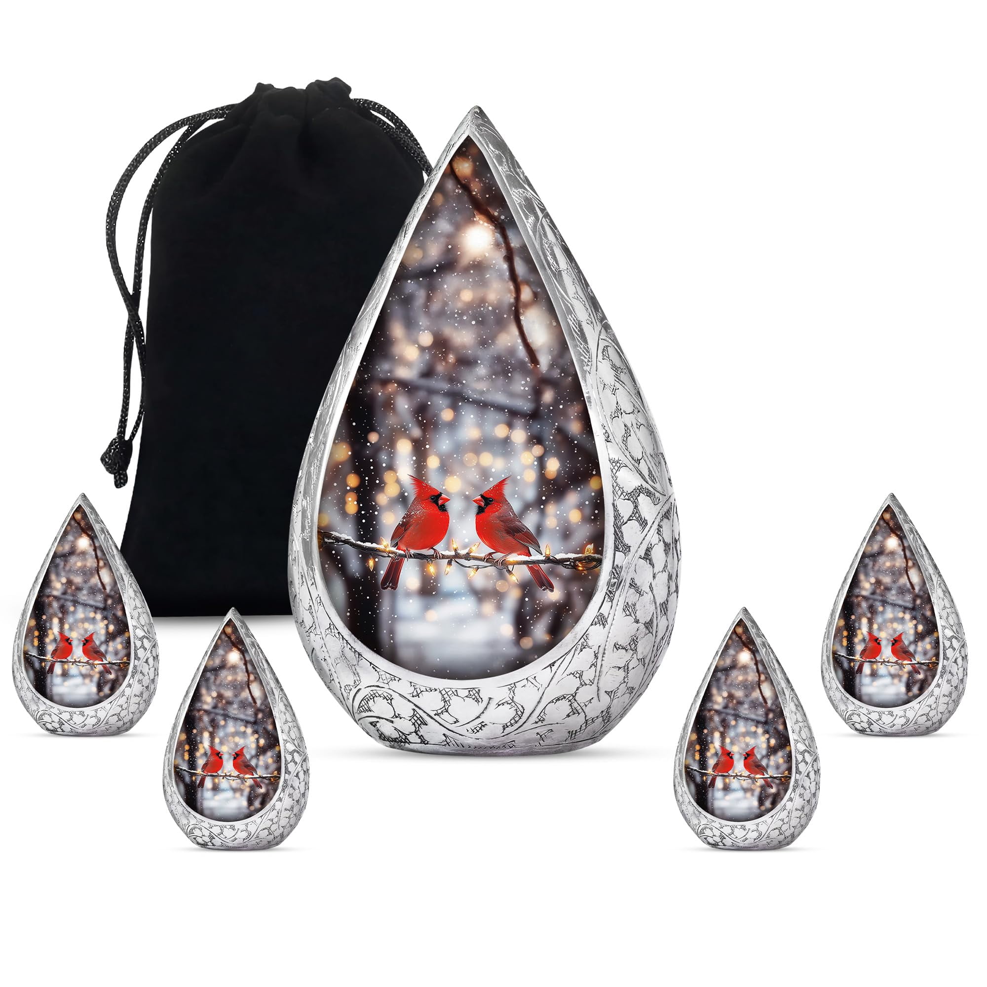 KARYLIZ Cardinal Bird Cremation Urn for Human Ashes, Combo of 5 with 10 Inch Decorative Funeral Urn for Adult Male, 3 Inch Mini Keepsake Burial Urn for Mom, Dad & Adult Man – Memorial Ash Holder Set