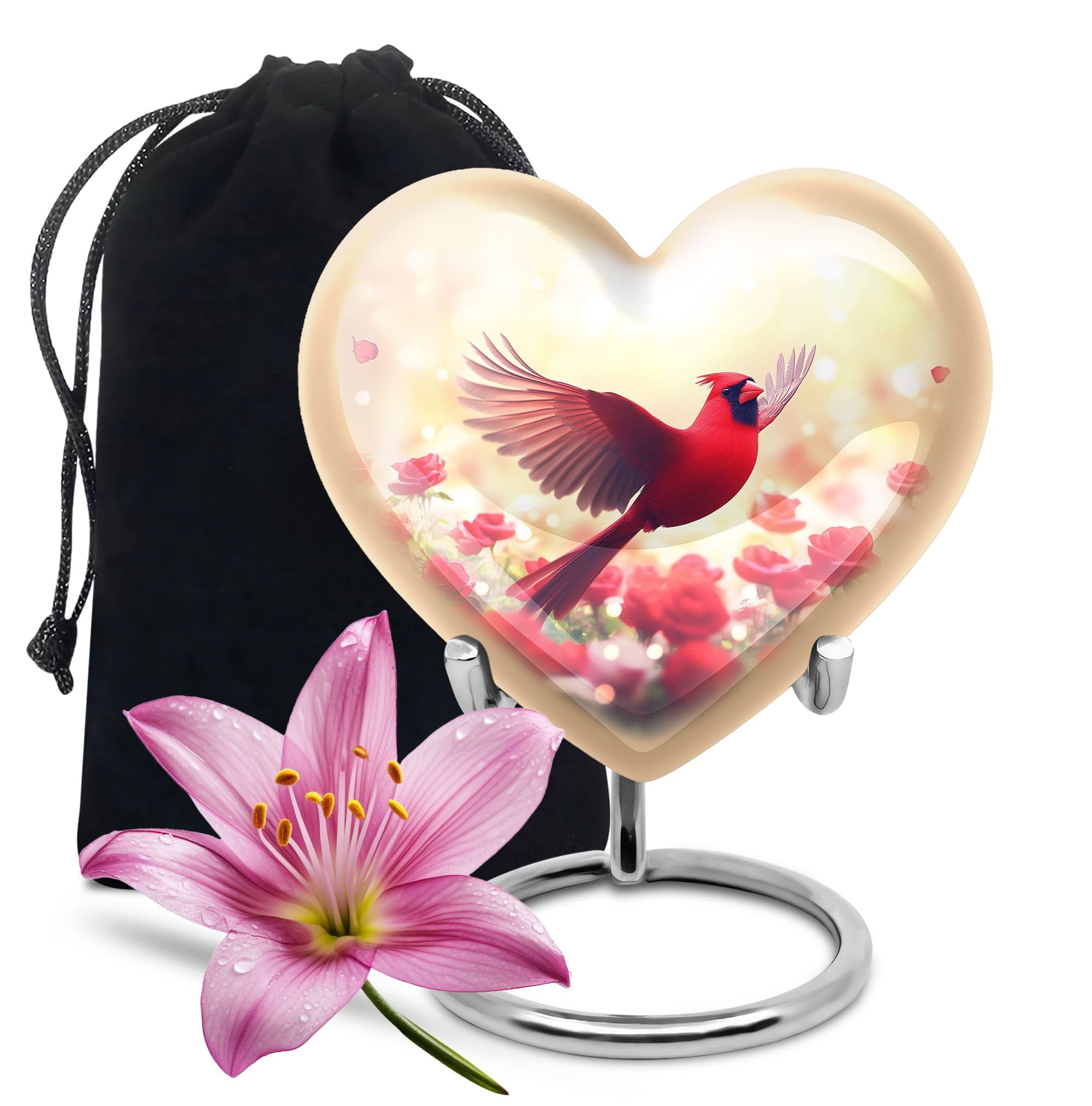 KARYLIZ Cardinal Urns for Human Ashes Adult Female Large - Heart Funeral Cremation Urn - Rose Burial Urns for Grandfather - Memorial Urn for Ashes for Women Cardinal - Adult Ash Holder 8 Inch