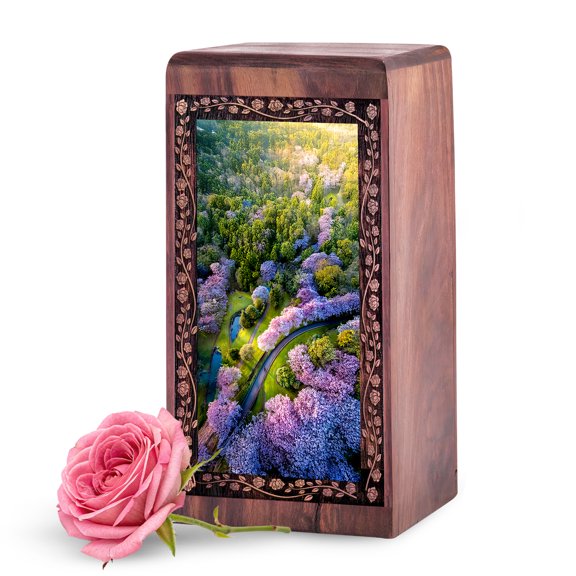 KARYLIZ Cherry Blossom Wooden Cremation Urns for Human Ashes – 5 Inch Small Wood Urn for Ashes Adult Male – Wooden Urn Box for Adult – izable Urns for Memorial - Flower Urn